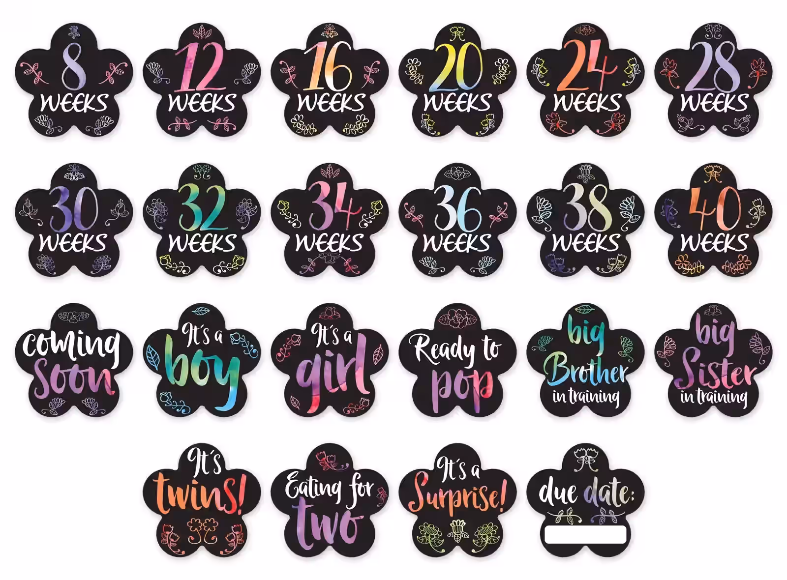 Curly Rainbow at Sunset flower stickers, full set
