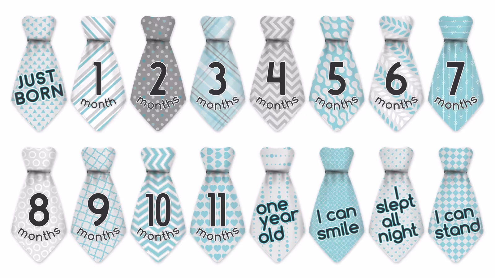Blue, turquoise, and gray tie stickers, full set
