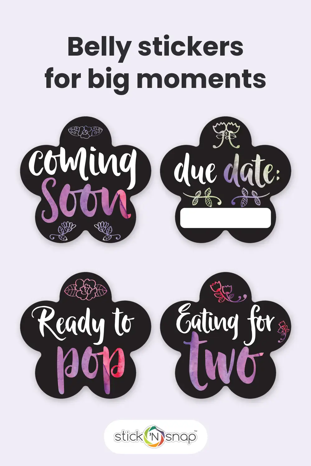 Curly Rainbow flower stickers labeled It's a boy, It's a girl, It's a surprise, It's twins, Due date, Ready to pop, and Eating for two